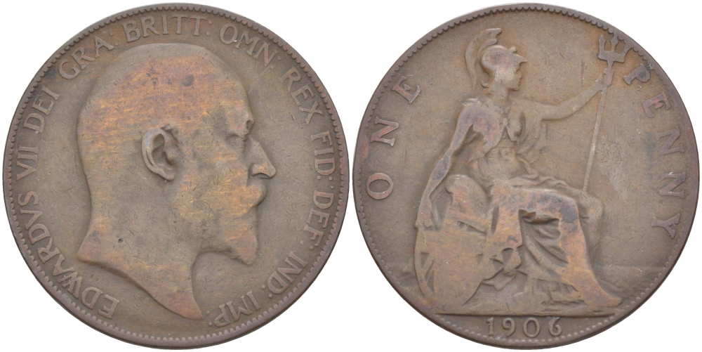 Великобритания 1 пенни 1906 Эдуард VII (1901-1910) KM 794.2, Spink 3990 бронза 4545-214