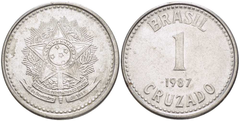 Бразилия 1 крузадо 1987 KM 605 нержавеющая сталь 217-635