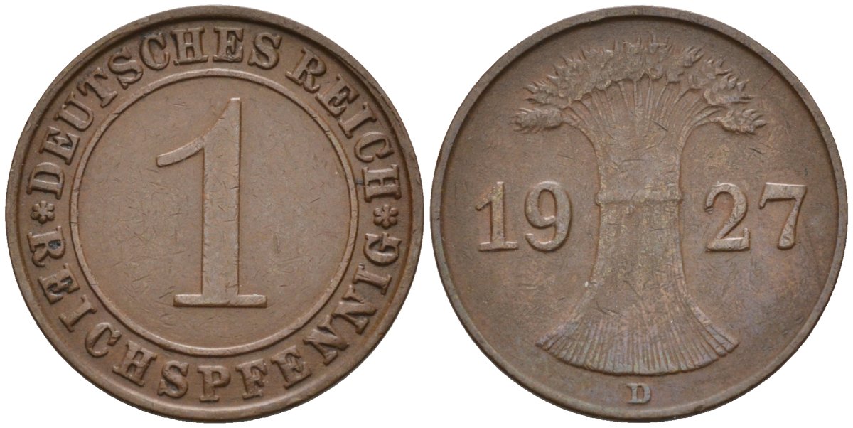 Германия 1 рейхспфенниг 1927 D KM 37, J.313, Weege 2 медь 4585-561