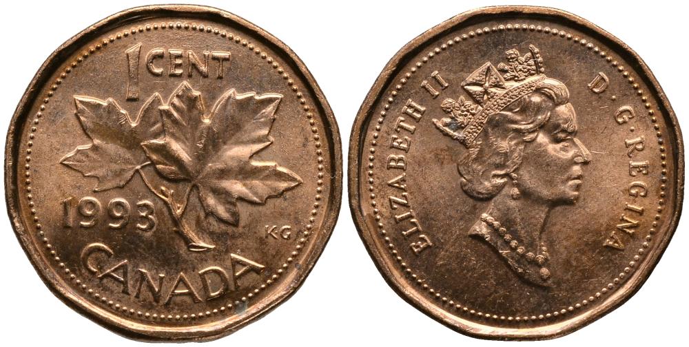 Канада 1 цент 1993 Елизавета II (1952-2022), кленовый лист KM 1811 бронза 4549-369