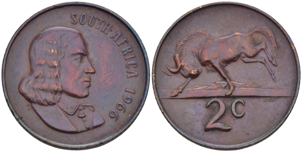 ЮАР 2 цента 1966 Ян ван Рибек (1619-1677), South Africa, легенда на английском, антилопа гну KM 66.1 бронза 67-536