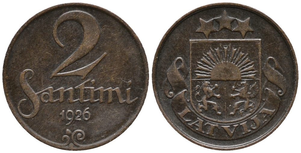 ЛАТВИЯ 2 САНТИМА 1926 ПЕРВАЯ РЕСПУБЛИКА (1918-1939) KM 2 бронза 100-1225
