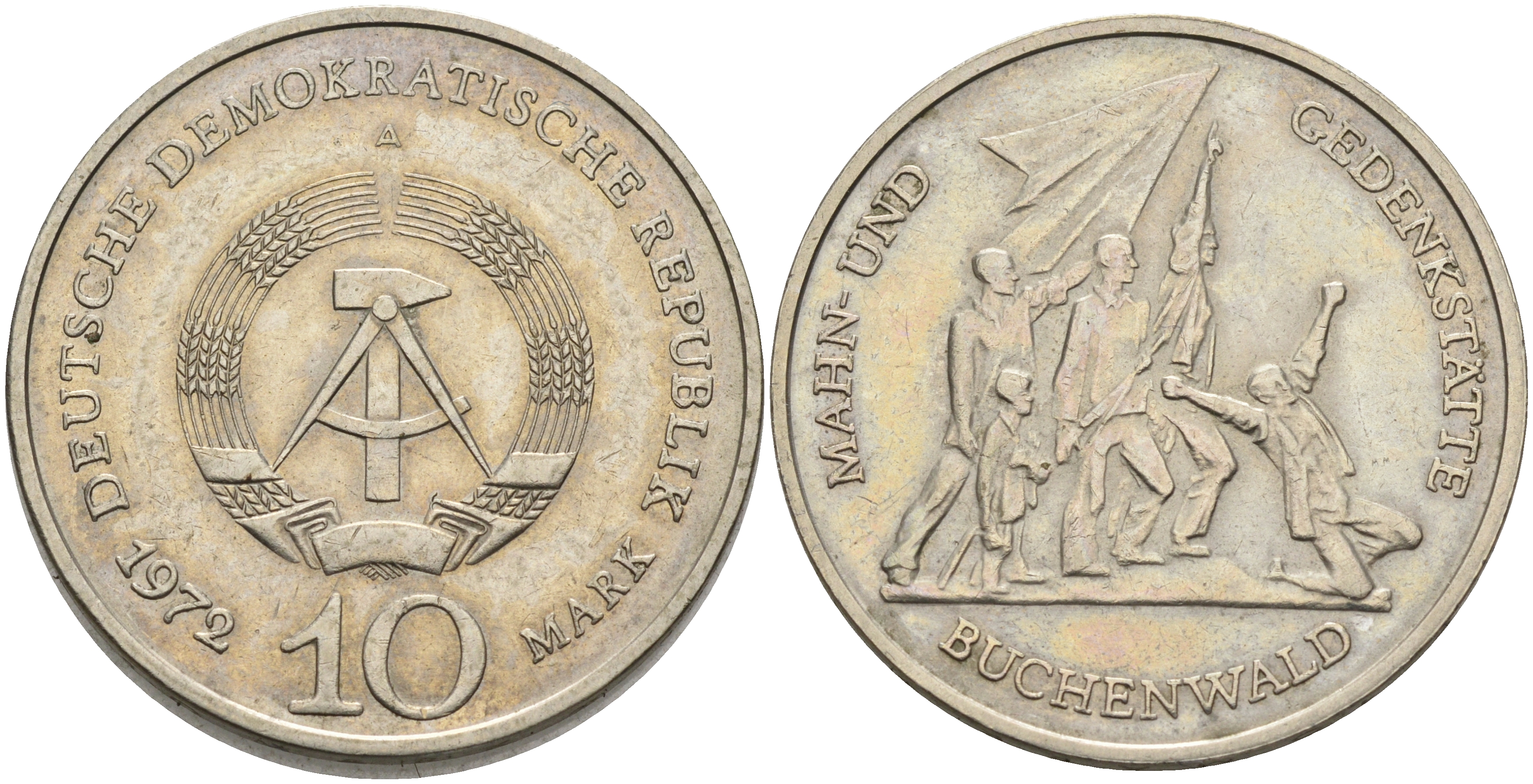 ГДР 10 марок 1972 A, мемориал Бухенвальда KM 38, J. 1539 медно-никель 111-1136