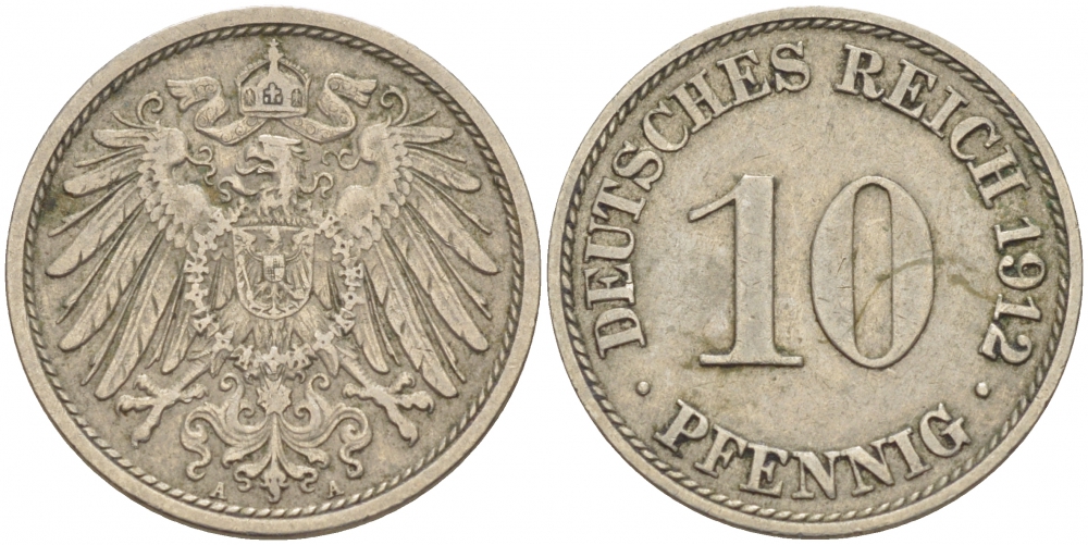 ГЕРМАНИЯ 10 ПФЕННИГОВ 1912 A KM 12, J. 13 медно-никель 110-244