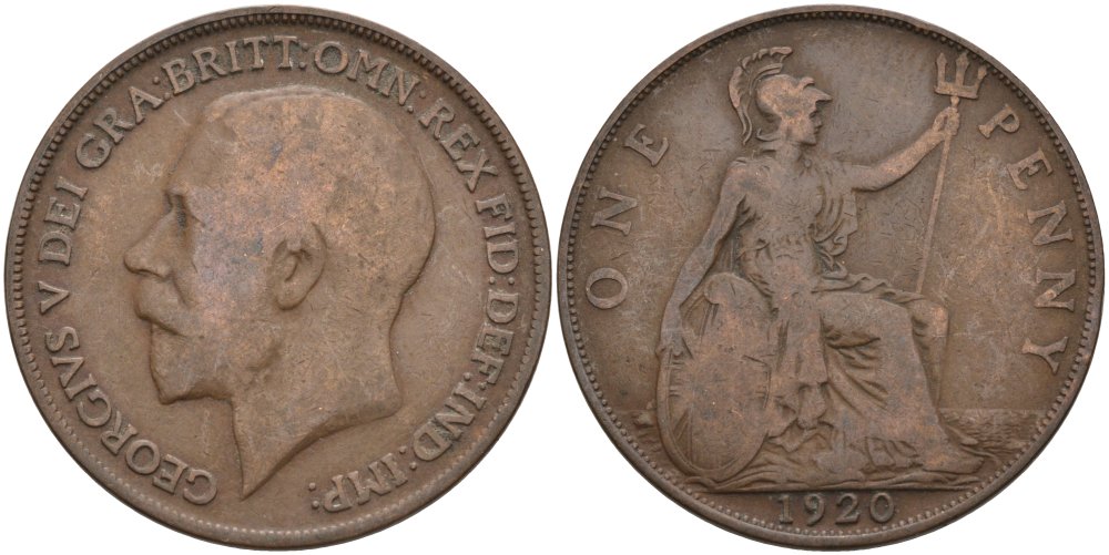 Великобритания 1 пенни 1920 Георг V (1910-1936) KM 810, Spink 4051 бронза 4572-1245