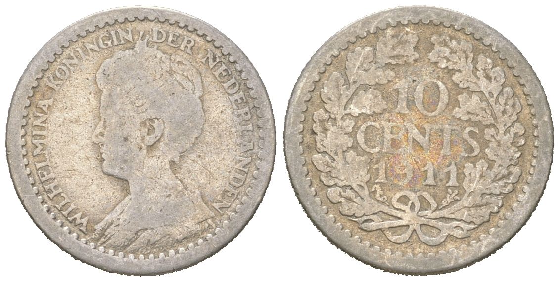 Нидерланды 10 центов 1911 Вильгельмина (1890-1948) KM 145 серебро 4152-1043