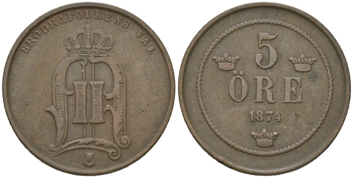 Швеция 5 эре 1874 Оскар II (1872-1907) KM 736 бронза 4171-1245
