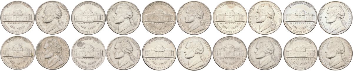 США набор из 10 монет (полная погодовка десятилетия, 5 центов) 1990-1999 D, Джефферсон KM A192 медно-никель aUNC-UNC 4612-551-557