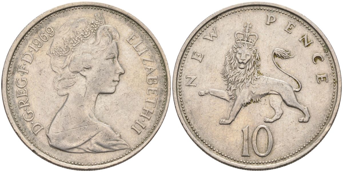 Великобритания 10 пенсов 1969 Елизавета II (1952-2022) KM 912, Spink 4231 (F1) медно-никель 4117-622