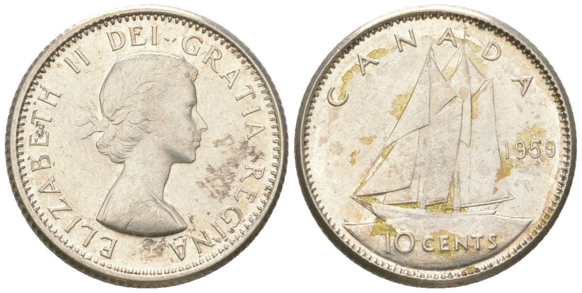 Канада 10 центов 1959 парусник, Елизавета II (1952-2022) KM 51 серебро 4615-961