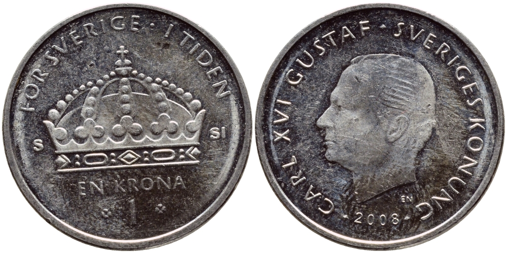 Швеция 1 крона 2008 Карл XVI Густав (1973- ) KM 894 медно-никель 85-242