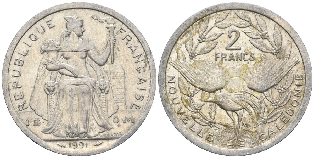 Французская Новая Каледония 2 франка 1991 птица кагу, (IEOM) KM 14, Schoen 11, Lec 67 алюминий    27-1211