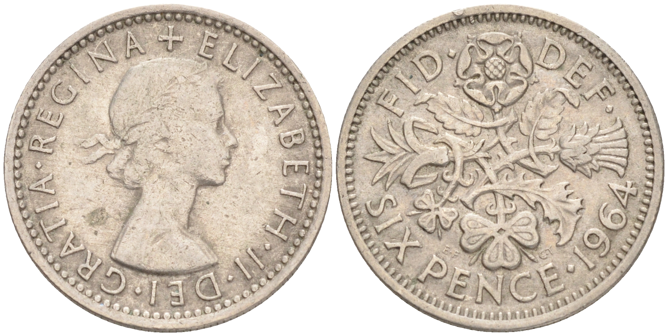 Великобритания 6 пенсов 1964 Елизавета II (1952-2022) KM 903, Spink 4149 медно-никель 192-239