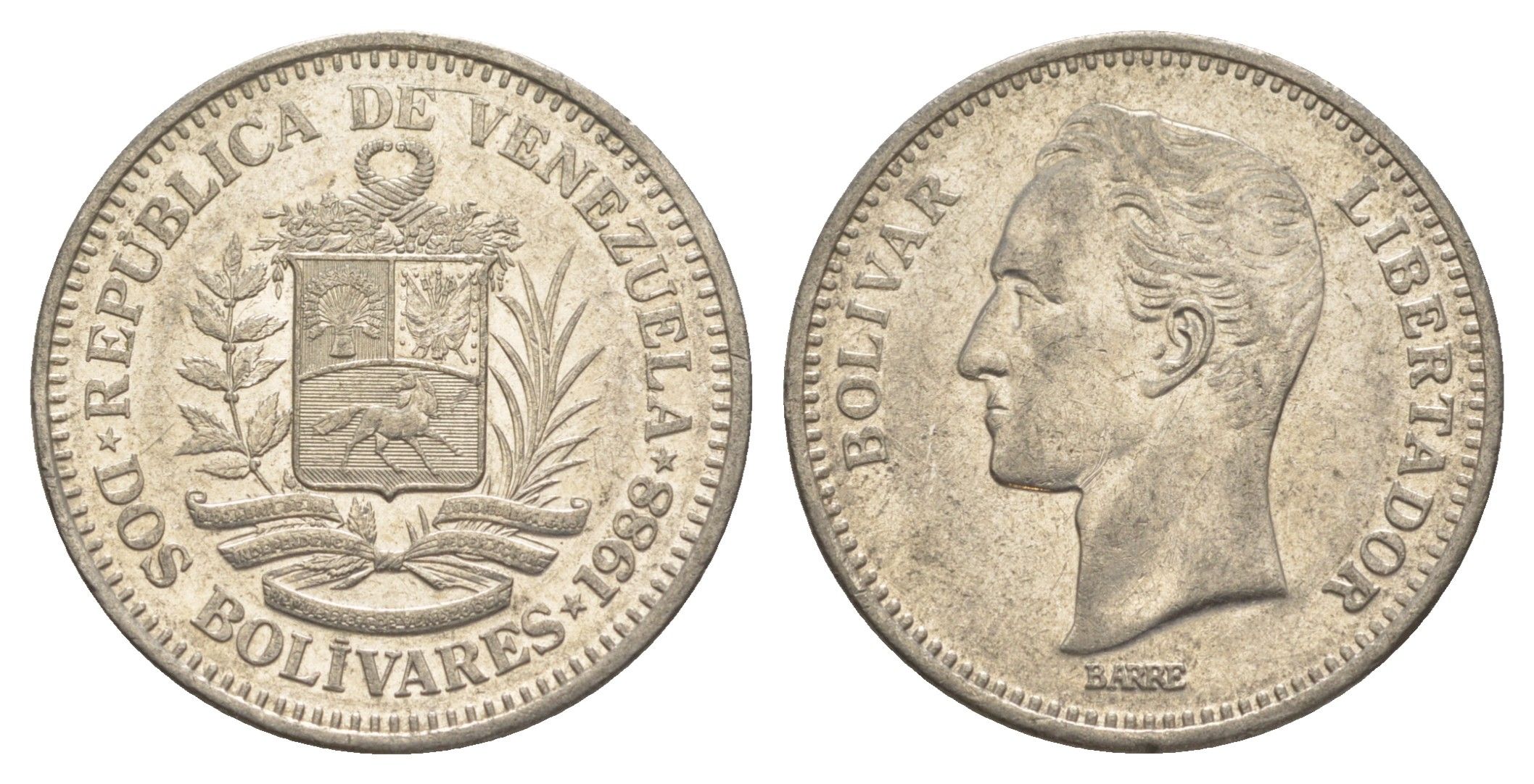 Венесуэла 2 боливара 1988 Симон Боливар Y 43 никель 4599-1044