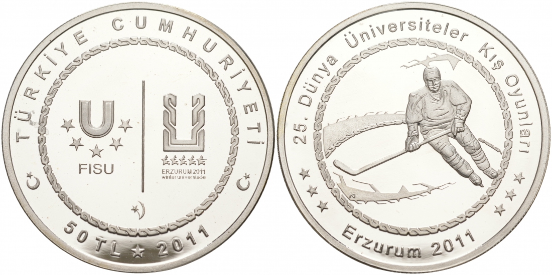 Турция 50 лир 2011 XXV зимняя Универсиада в Эрзурум 2011 года, хоккей KM NEW серебро PROOF 11-037-21