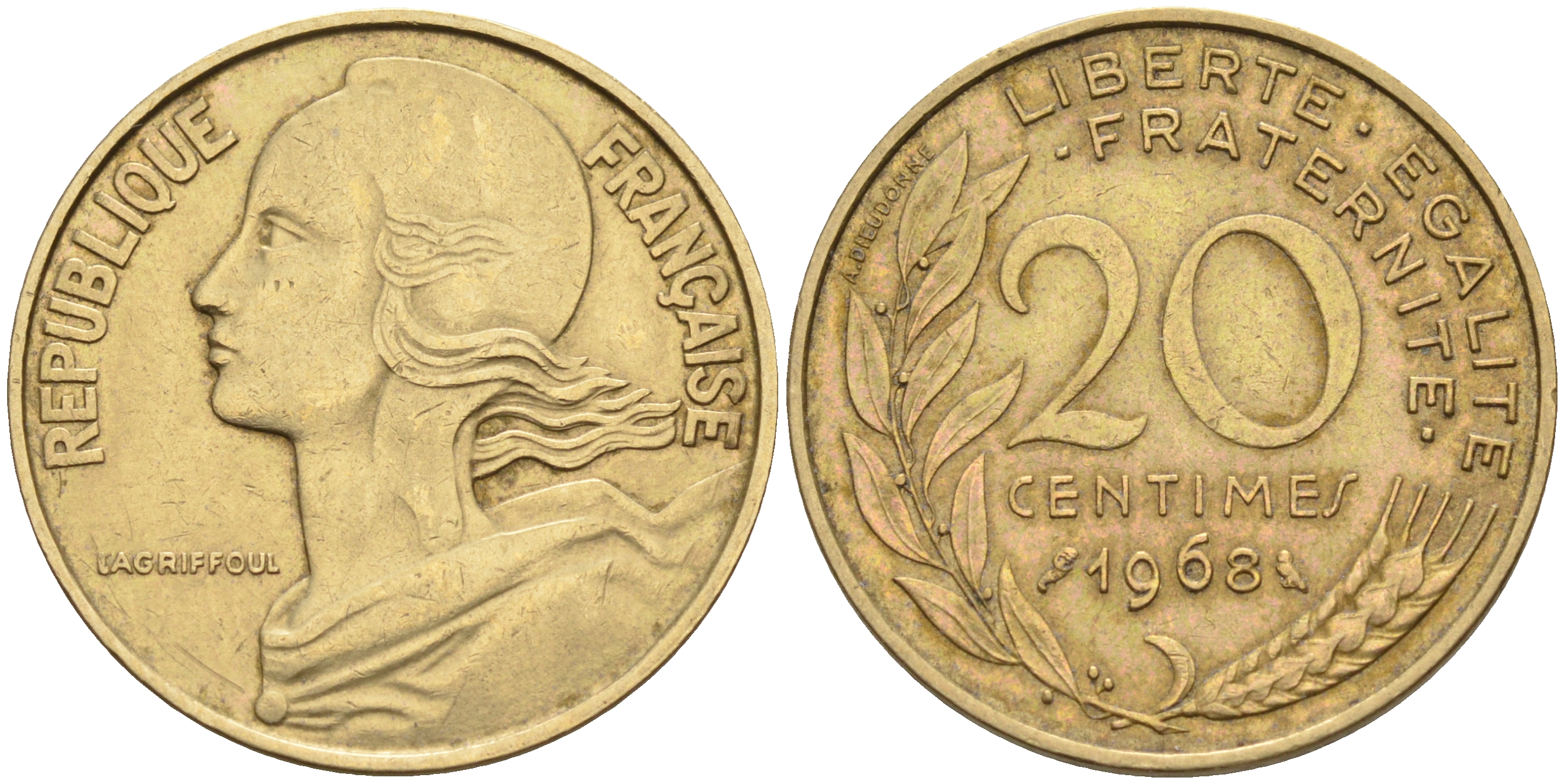 Франция 20 сантимов 1968 тип Марианна KM 930 медь алюминий никель 4116-517