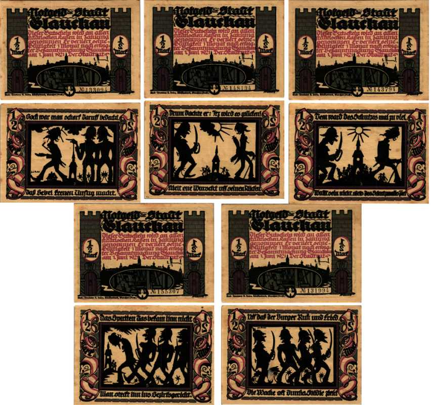 ГЛАУХАУ, ГЕРМАНИЯ НАБОР ИЗ 5 БАНКНОТ 1921 НОТГЕЛЬД, 1 ИЮНЯ 1921, ЗЕМЛЯ САКСОНИЯ ARNOLD KELLER 436.3 бумага 7553-12-2