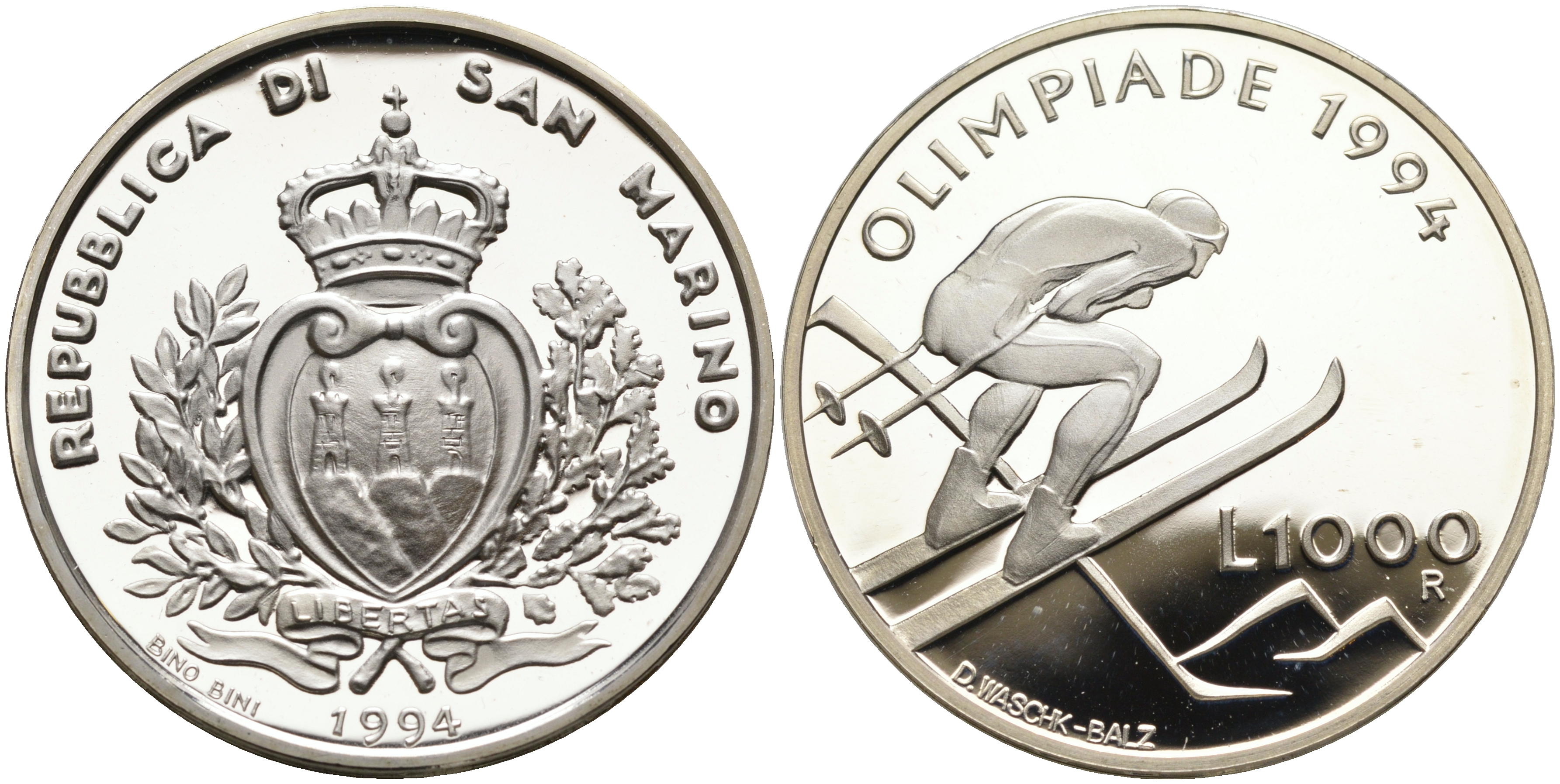 Сан-Марино 1000 лир 1994 XVII зимние Олимпийские игры в Лиллехаммере, слалом KM 316 серебро PROOF 1096-4-44
