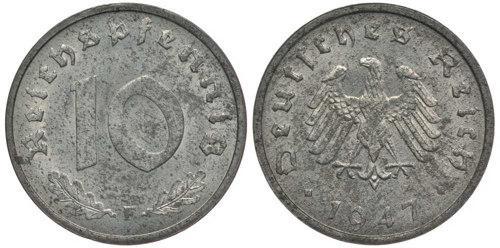 Германия 10 рейхспфеннигов 1947 F, оккупация Германии союзными войсками J. 375, KM A104 цинк UNC 4127-1235