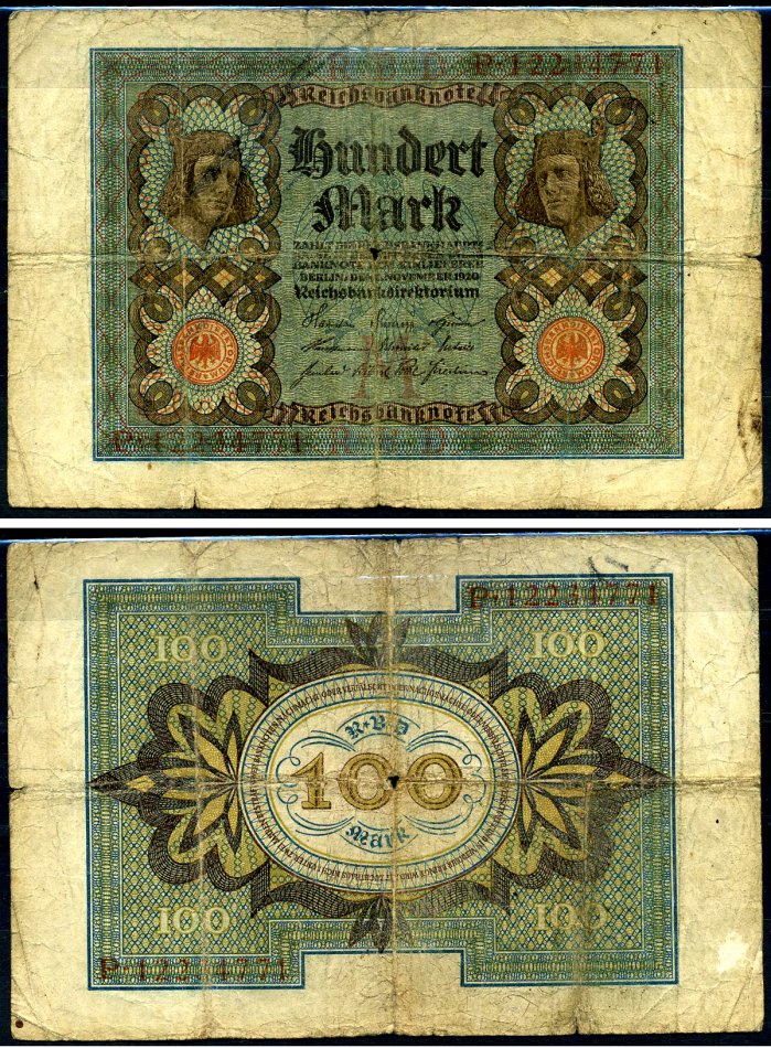 Германия 100 марок 1920 Бамбергский всадник, 8 цифр в номере, серия P, буква M Pick 69 b, Розенберг 69b бумага 7457-65-2-2