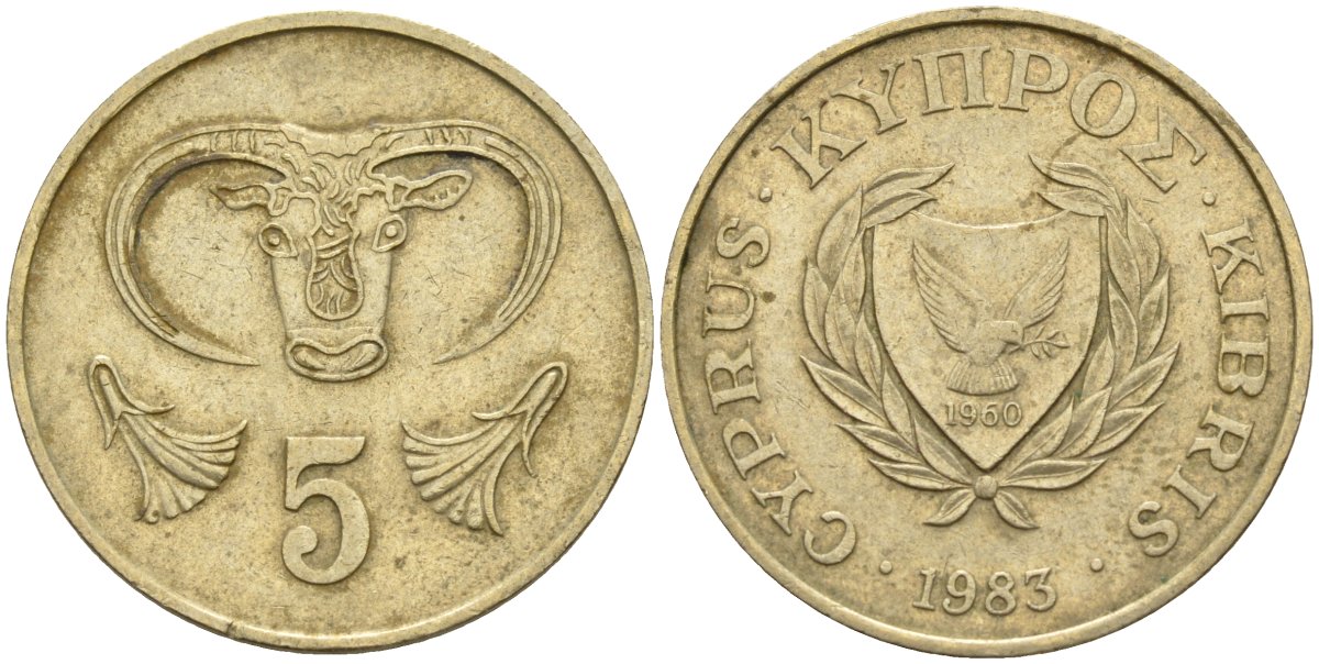 Кипр 5 центов 1983 голова быка KM 55.1 никель латунь 4141-851