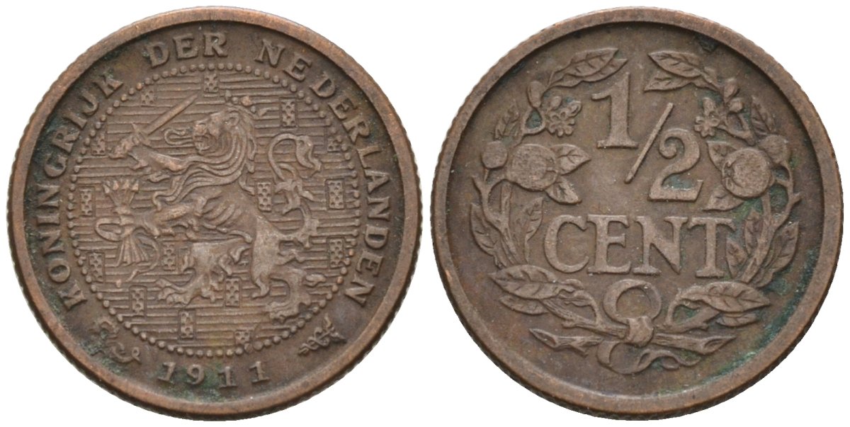 Нидерланды 1/2 цента 1911 Вильгельмина (1890-1948) KM 138 бронза 4576-342
