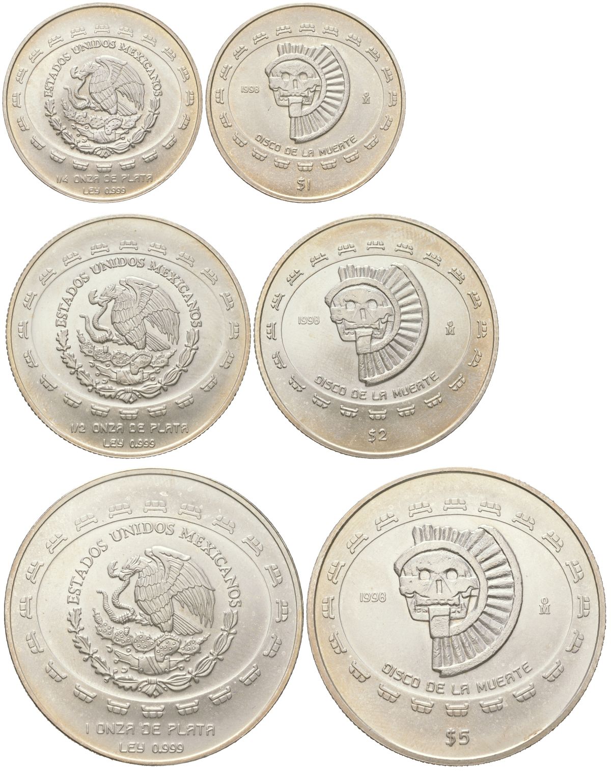 Мексика набор из 3 монет (1, 2 и 5 песо) 1998 Теотиуакан - Диск смерти, тираж 3.400 экземпляров KM 617, 618 и 619 серебро BU 1530-822-824