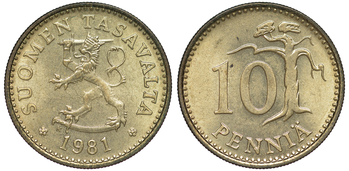 ФИНЛЯНДИЯ 10 ПЕННИ 1981 K KM 46 алюминиевая бронза 3334-1138