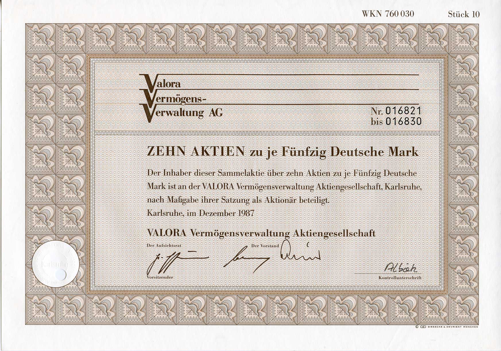 ФРГ 500 марок 1987 Акционерное общество по управлению активами Valora, десять акций   бумага  8803-114-1