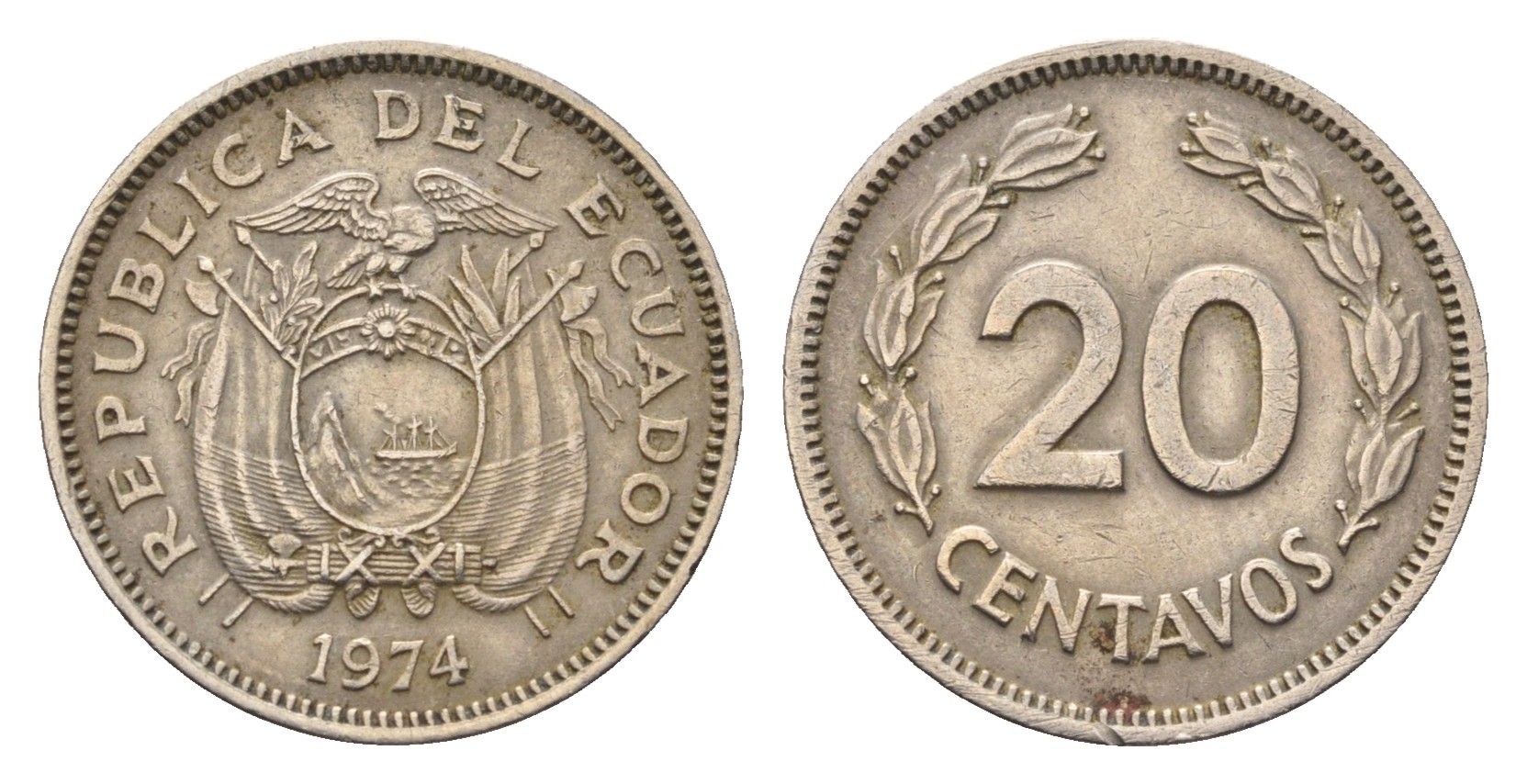 Эквадор 20 сентаво 1974 год-тип KM 77.2 медно-никель 4697-368