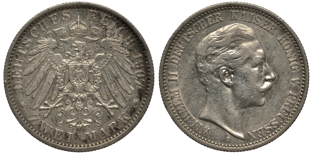 Пруссия 2 марки 1907 A, Вильгельм II (1888-1918) J.102, Weege 101, KM 522 серебро 3711-812