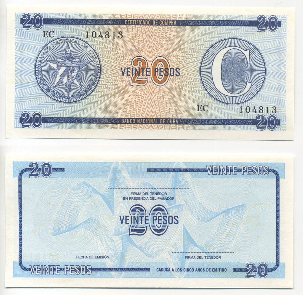 Куба, валютный сертификат 20 песо ND серия C, второй выпуск, голубая Pick FX 23 бумага UNC (пресс) 7485-3-3-1