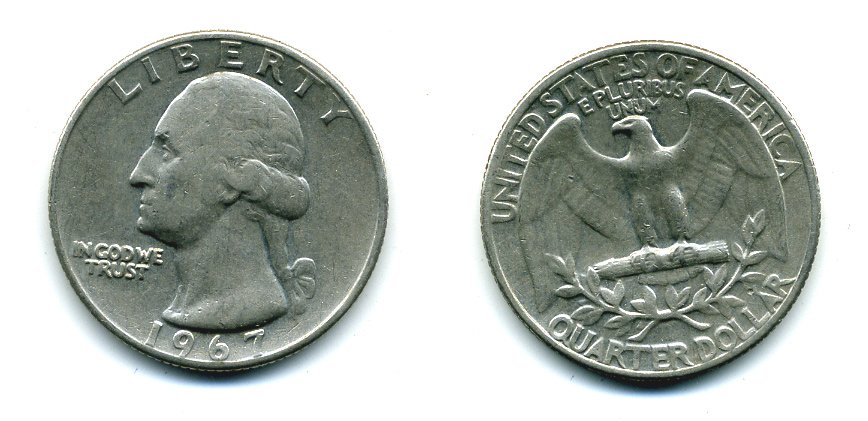 США 25 центов (квотер) 1967 Вашингтон KM 164a медь плакированная медно-никелем 46-1922