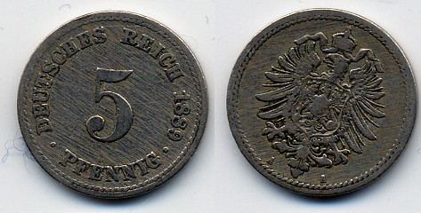 ГЕРМАНИЯ 5 ПФЕННИГОВ 1889 A, СТАРОГЕРБОВКА KM 3, J.3 медно-никель 51-5035