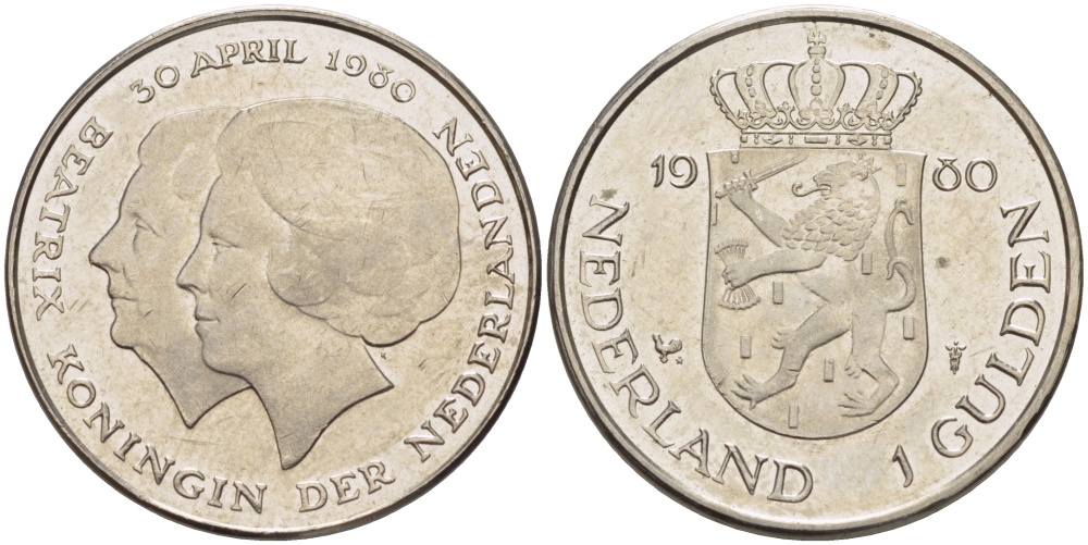 Нидерланды 1 гульден 1980 на коронацию Беатрикс, 30 апреля 1980 KM 200 никель 31-852