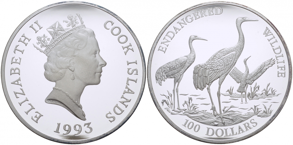 Острова Кука 100 долларов 1993 серия сохраним наш мир, журавли, 155 грамм KM 158 серебро PROOF 01-097-22-2