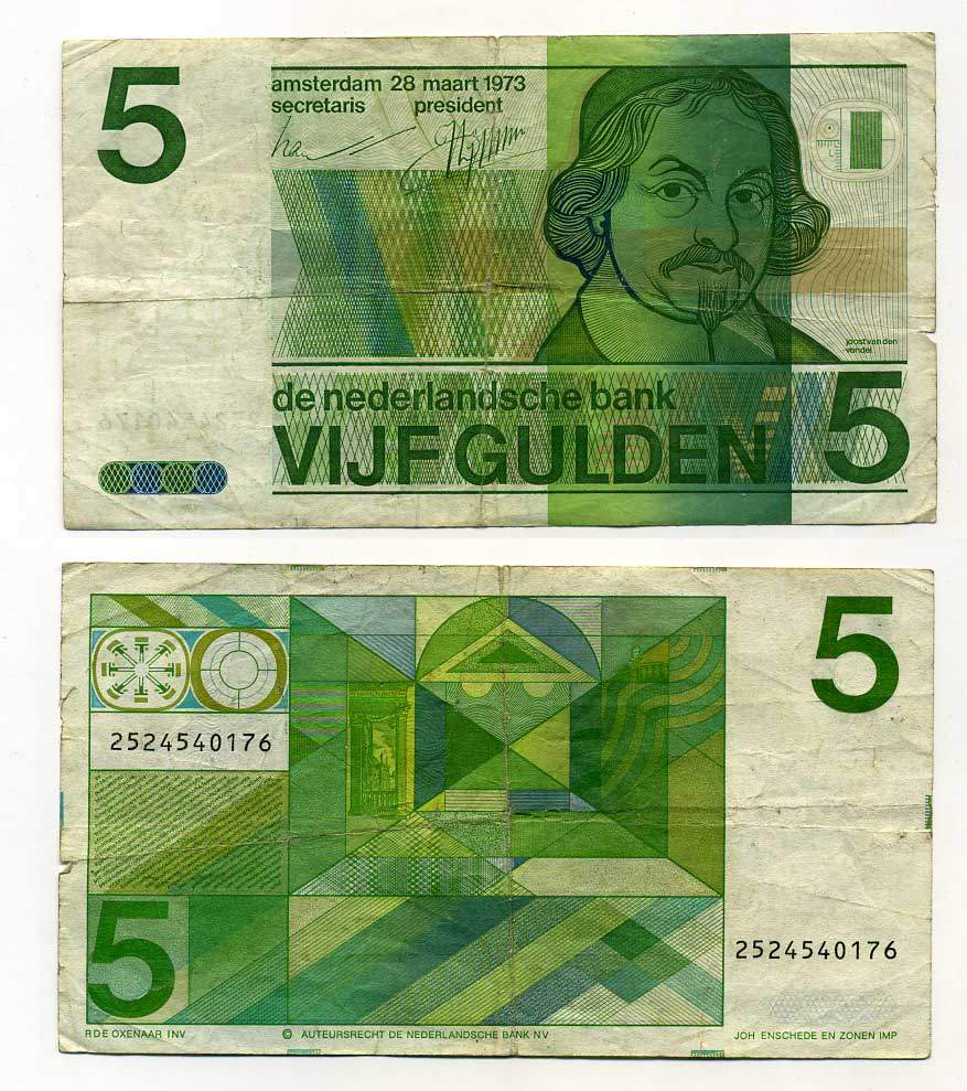 Нидерланды 5 гульденов 1973 Йост ван ден Вондел Pick 95 a бумага 6293-13-2