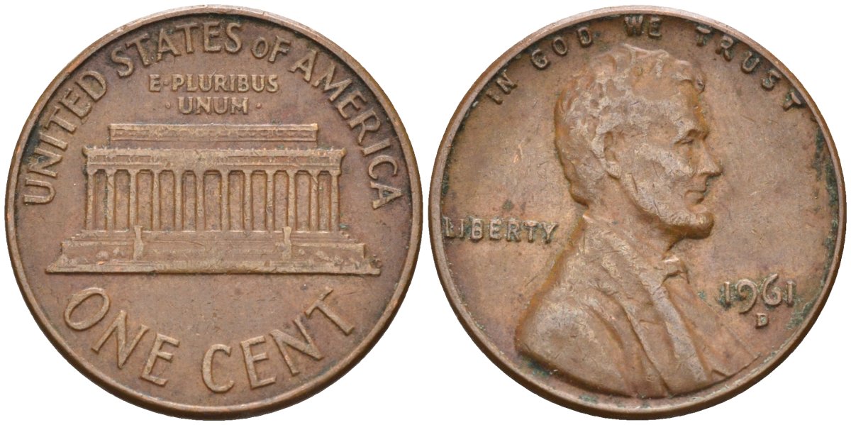 США 1 цент 1961 D, Авраам Линкольн KM 201 медь цинк 4115-825