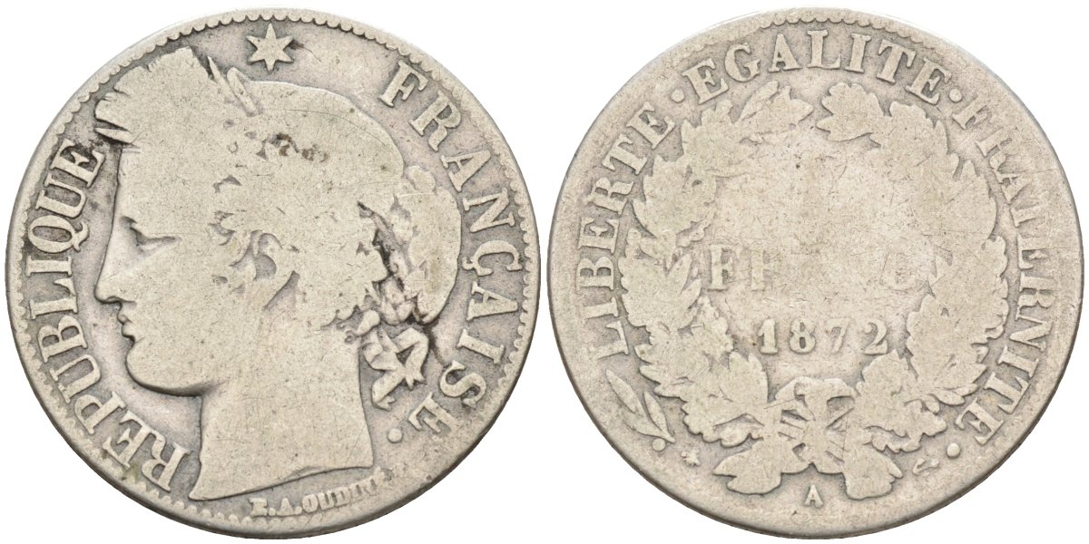 Франция 1 франк 1872 А KM 822, Le Franc 216.4 серебро 4591-1054