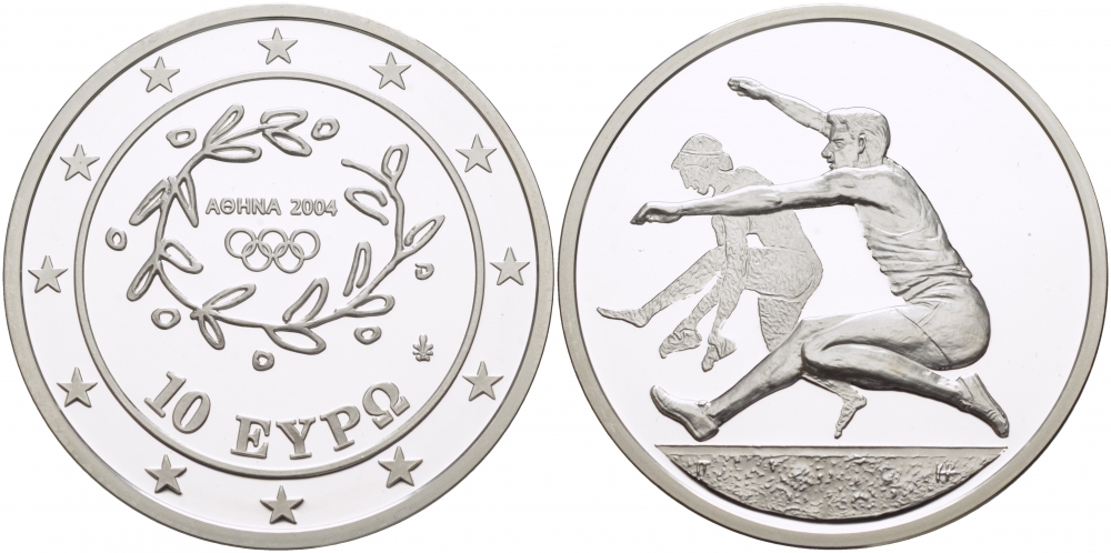 Греция 10 евро 2003 XXVIII летние Олимпийские игры 2004 года в Афинах, прыжки в длину KM 194 серебро PROOF 05-091-15