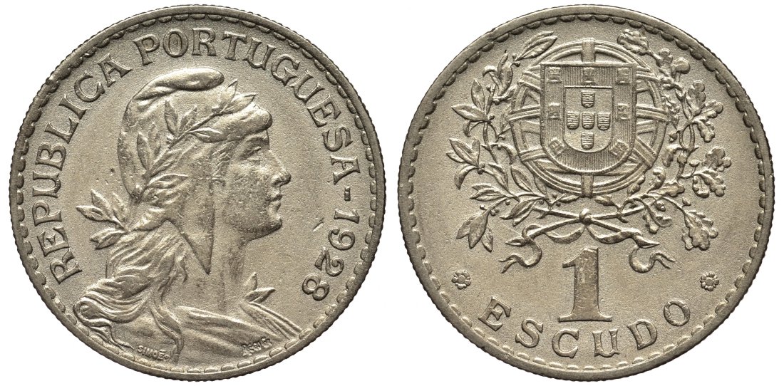 ПОРТУГАЛИЯ 1 ЭСКУДО 1928 KM 578 медно-никель 4556-956
