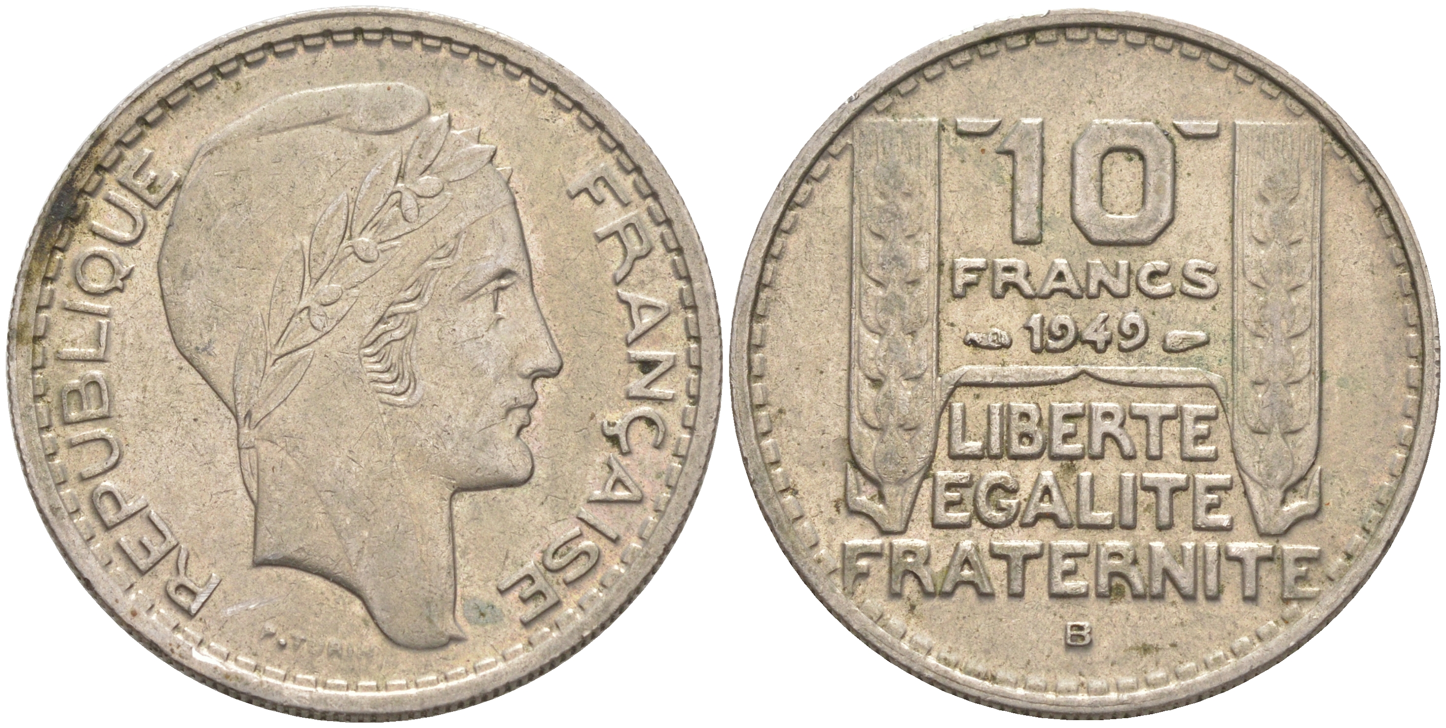 Франция 10 франков 1949 B, тип Пьер Турин KM 909.2, LE FRANC 362.7 медно-никель 4111-113
