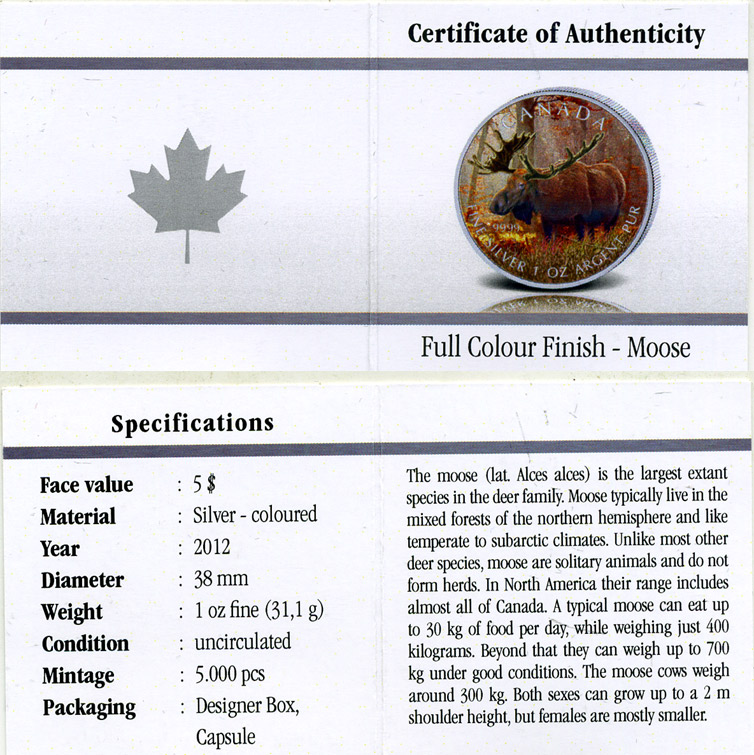 Канада 5 долларов 2012 серия Животный мир Канады, лось, в оригинальной коробке с сертификатом тираж 5000 экз., цветная эмаль серебро UNC 5-5-1-12