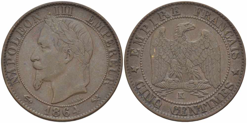 ФРАНЦИЯ 5 САНТИМОВ 1864 K, НАПОЛЕОН III (1852-1870) KM 797.3, LE FRANC 117.13 бронза 108-546
