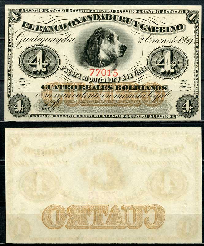 Аргентина 4 реала боливиано 1869 Banco Oxandaburu y Garbino, собака Pick S1781r  бумага  aUNC 451-171-2-2