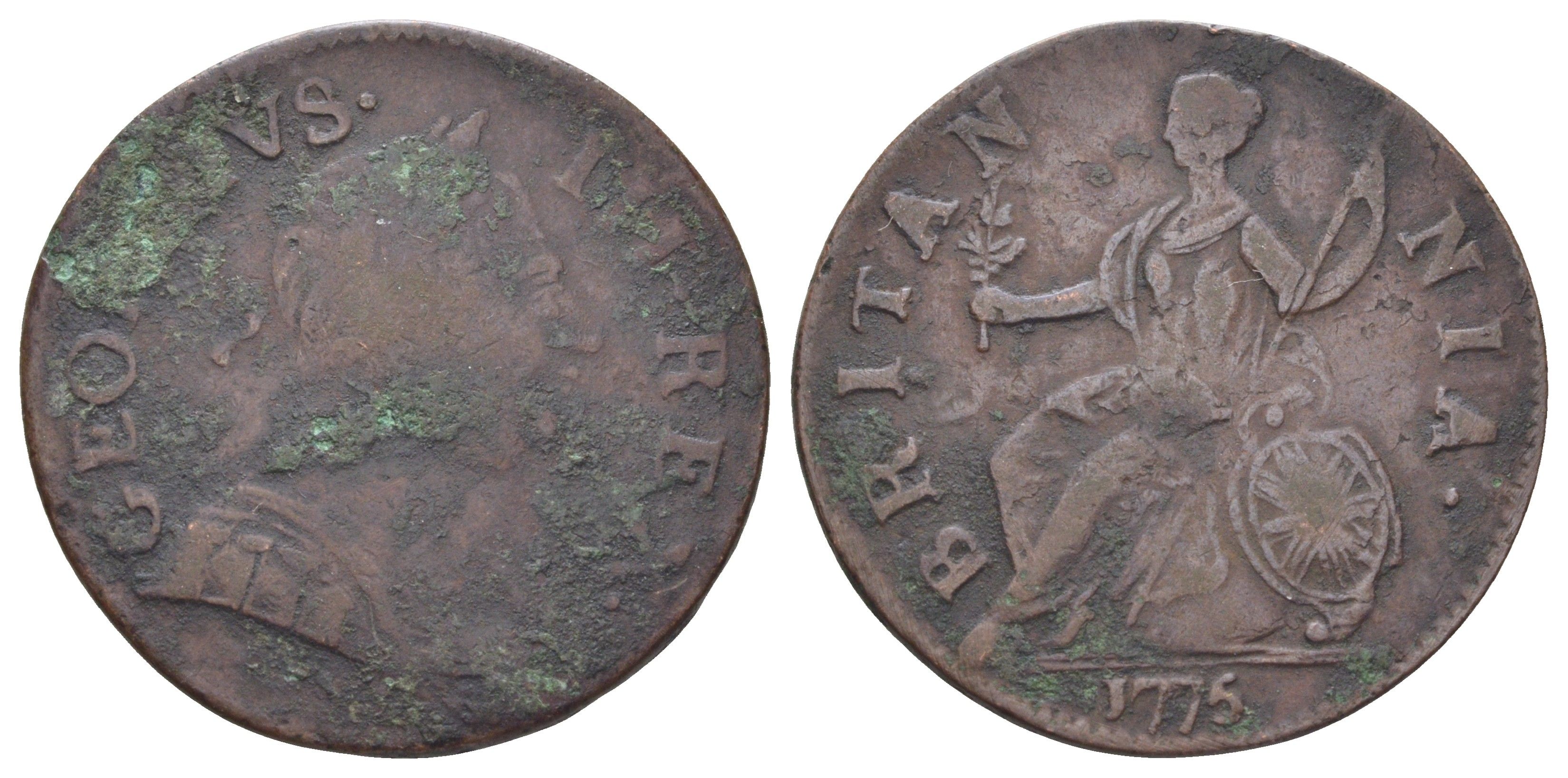 Великобритания 1/2 пенни 1775 Георг III (1760-1820) KM 601, Spink 3774 медь 4707-851