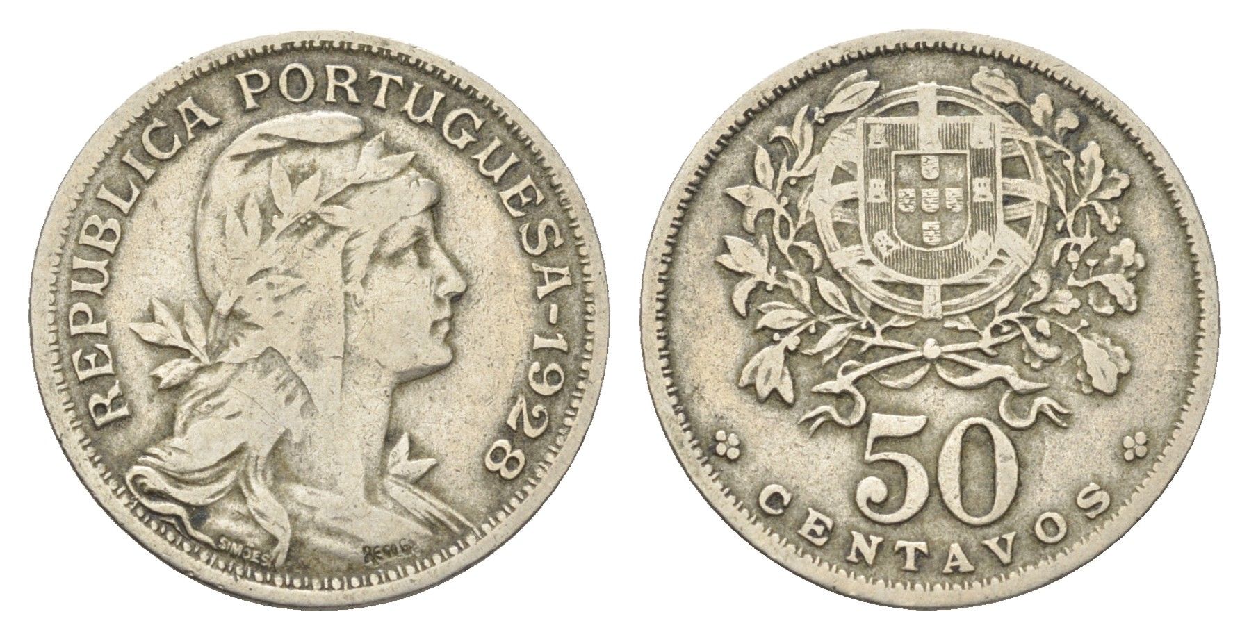 Португалия 50 сентаво 1928 голова Свободы вправо KM 577 никель латунь 4659-628