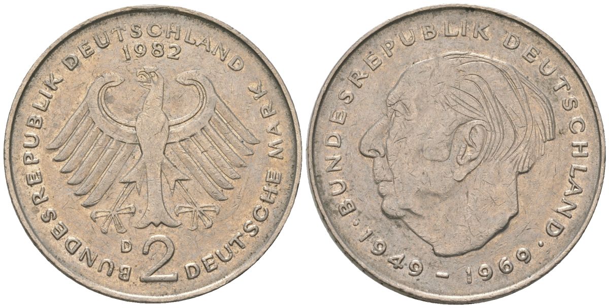 ФРГ 2 марки 1982 D, Теодор Хойс, 20 лет Федеративной Республике KM A127 медно-никель 4557-1142