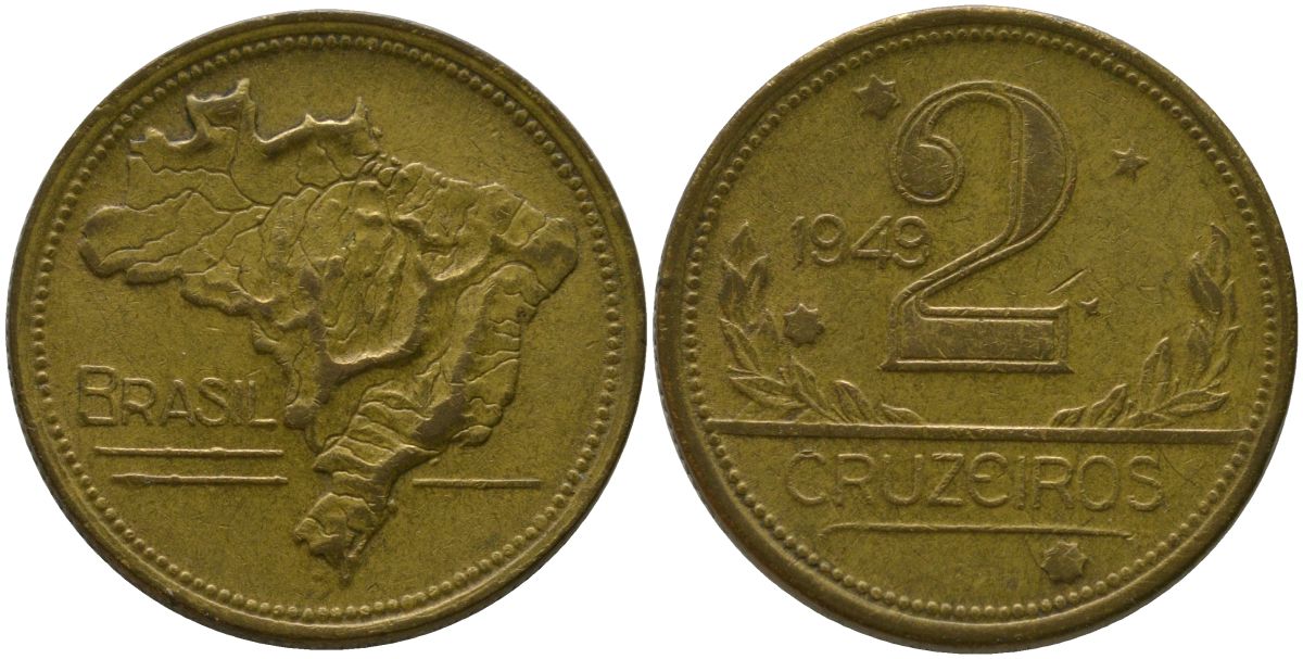 Бразилия 2 крузейро 1949 KM 559 алюминиевая бронза 4577-455