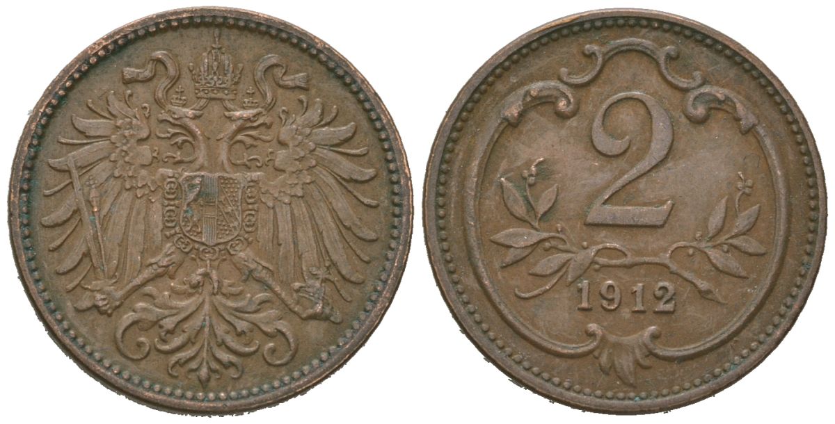 Австрия 2 геллера 1912 Франц Иосиф I (1848-1916) KM 2801 бронза 4615-562